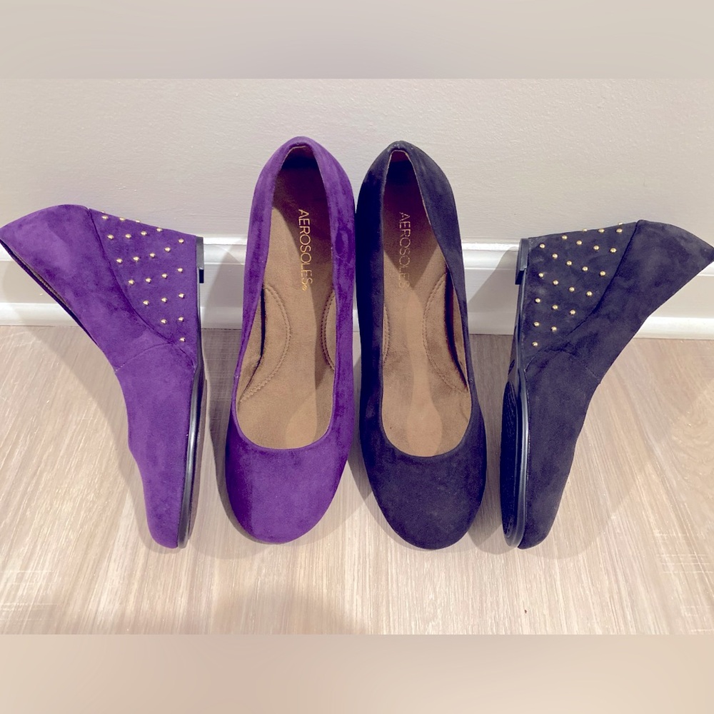 Aerosoles Black & Plum velvet gold studded wedge heel “Plum Tree” 2 pair $25